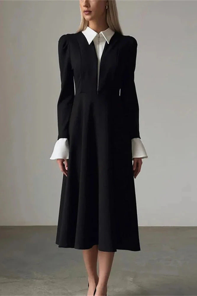 Patchwork Zipper High Waist Long Sleeve Midi Dress