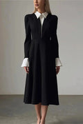 Patchwork Zipper High Waist Long Sleeve Midi Dress