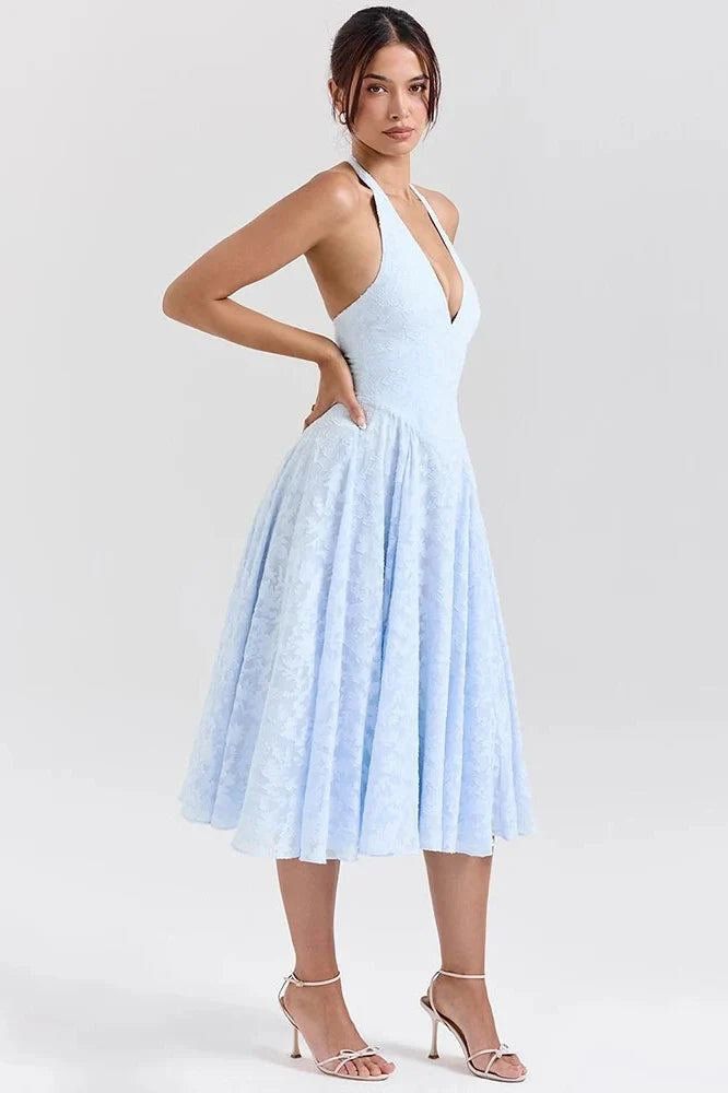 Deep V Neck Sleeveless Backless A-line Midi Dress