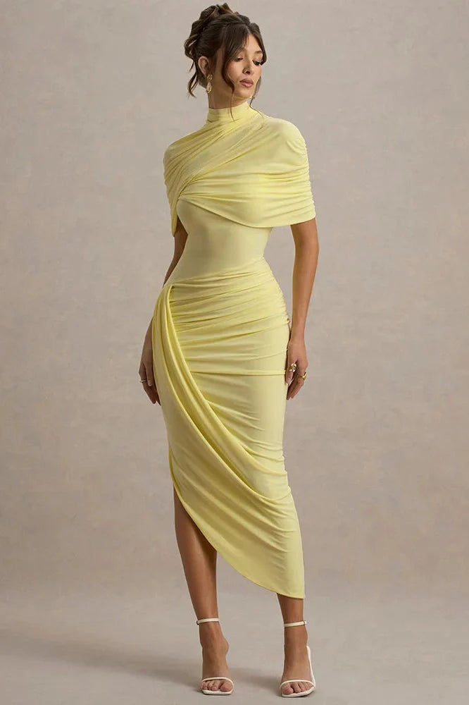 Half Sleeve Backless Turtleneck Slim High Waist Midi Dress