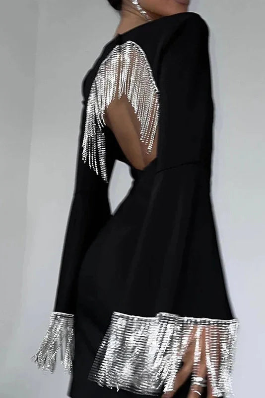 Hollow Out Square Collar Patchwork Slim Flare Sleeve Mini Dress