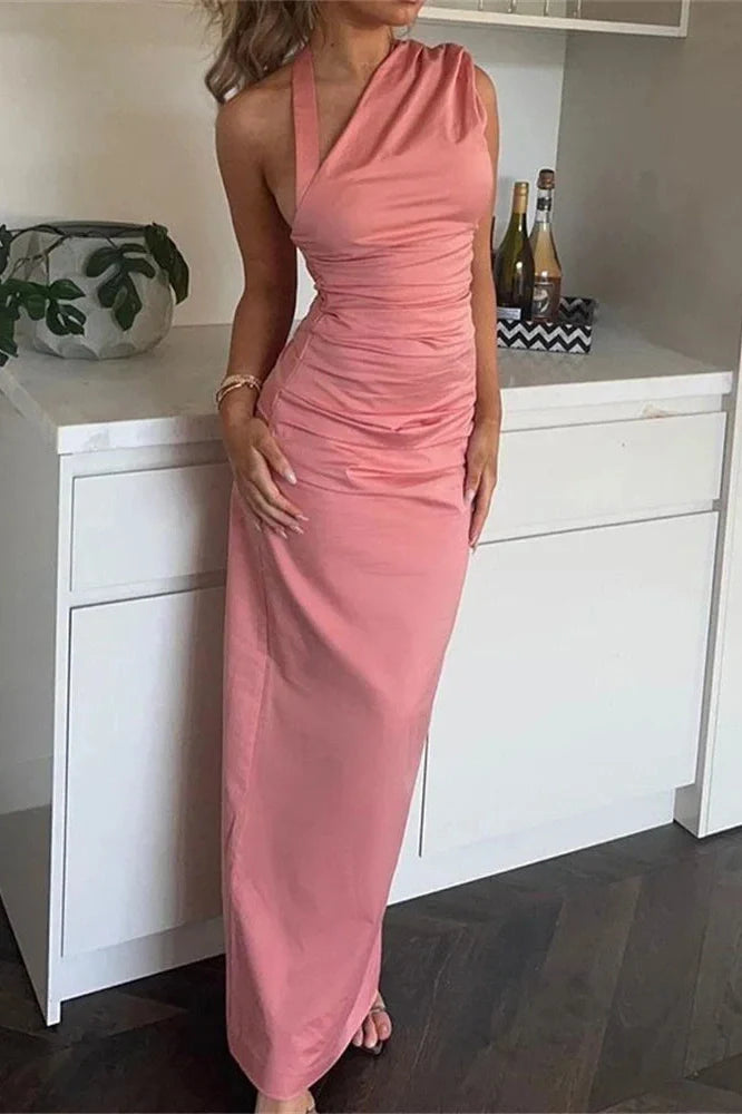 Pleated High Waist Slim Backless Maxi Dress