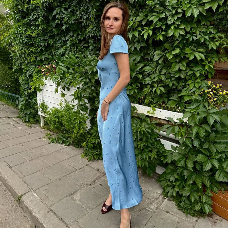 V-Neck Short Sleeve Printed Slim Maxi Dress