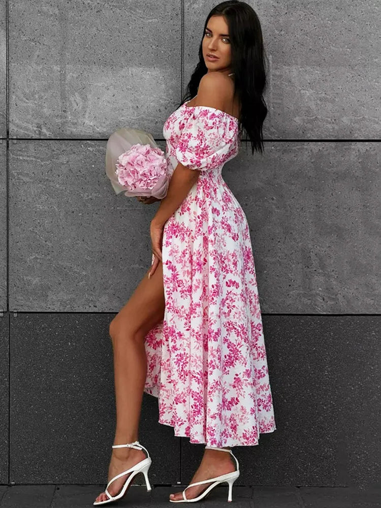 Off Shoulder Lace Up Patchwork Print Maxi Dress
