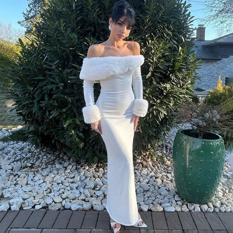 Elegant Off Shoulder Patchwork High Waist Maxi Dress