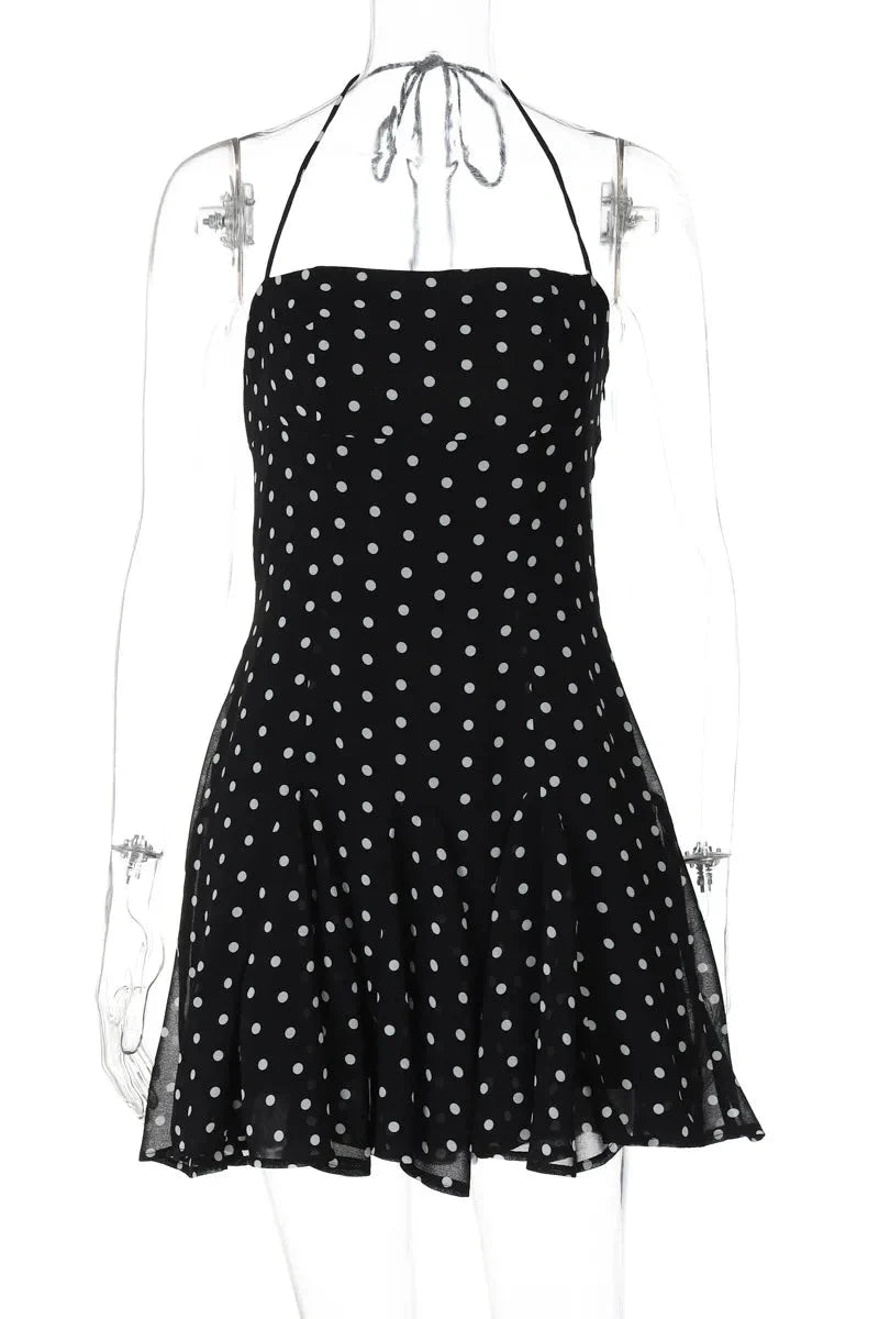 Polka Dot High Waist Pleated Sleeveless Printed Slim Mini Dress