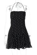 Polka Dot High Waist Pleated Sleeveless Printed Slim Mini Dress