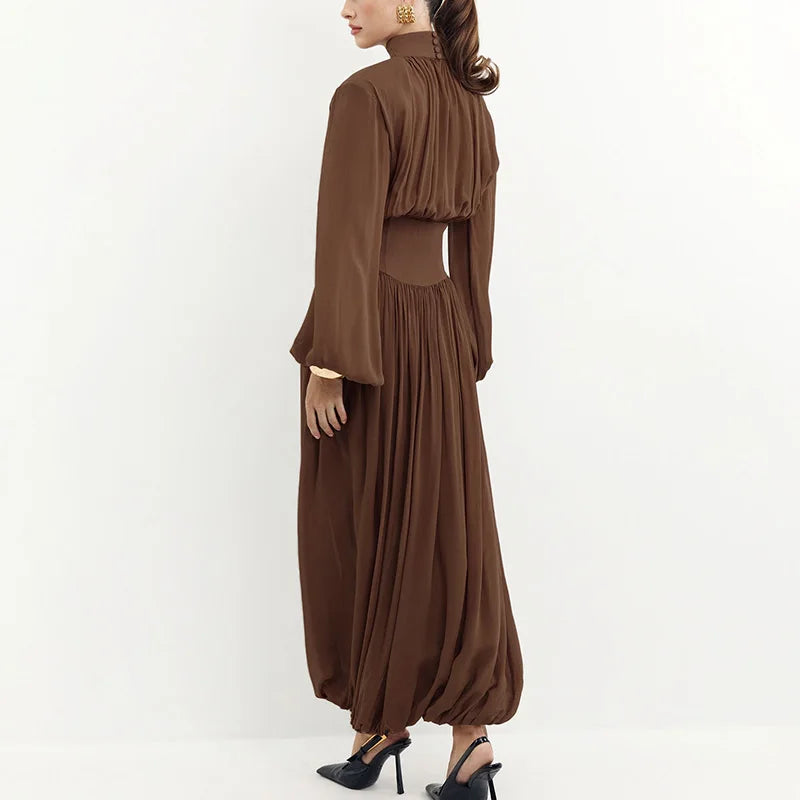 Elegant Half High Neck High Waisted Patchwork Maxi Dress