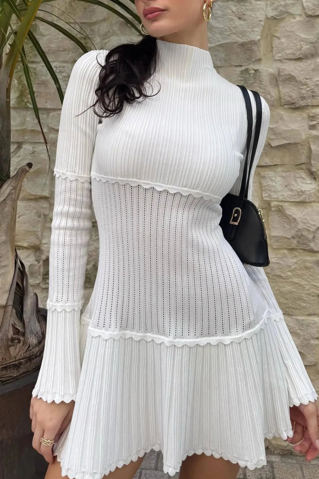 Elegant Slim Knitted Turtleneck Sleeves High Waist Mini Dress
