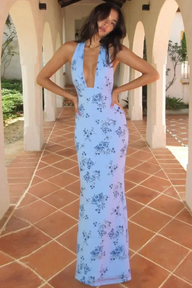 Backless Printed Deep V Neck Sleeveless Bodycon Maxi Dress