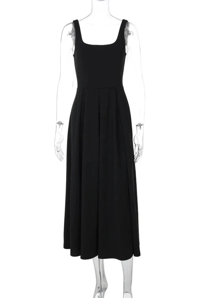 Spaghetti Strap Backless High Waist A-line Pleated Maxi Dress