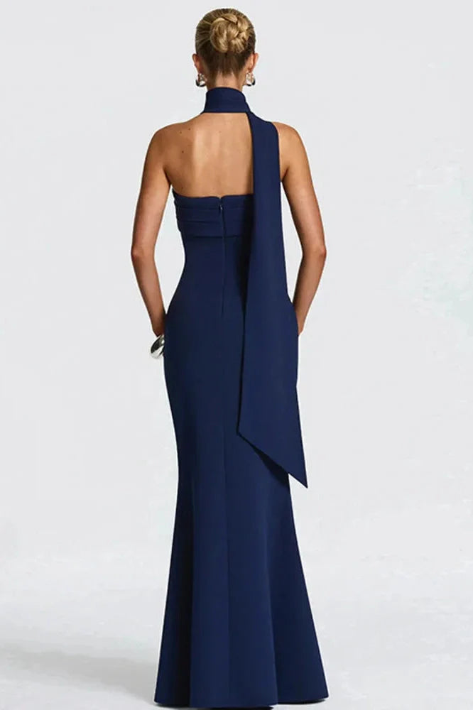 Off-Shoulder Strapless Scarf Collar Sleeveless Backless Bodycon Maxi Dress