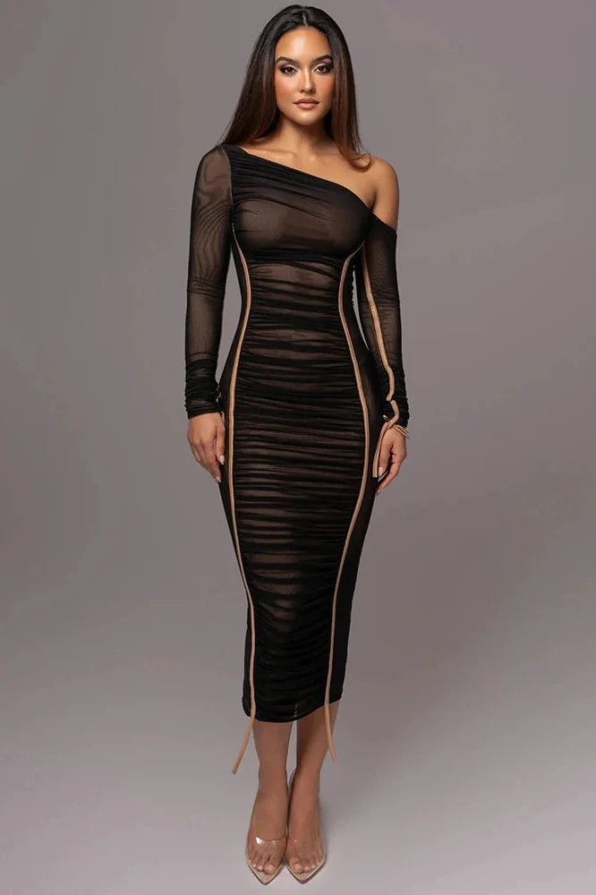 Diagonal Collar Long Sleeve Backless Midi Dress