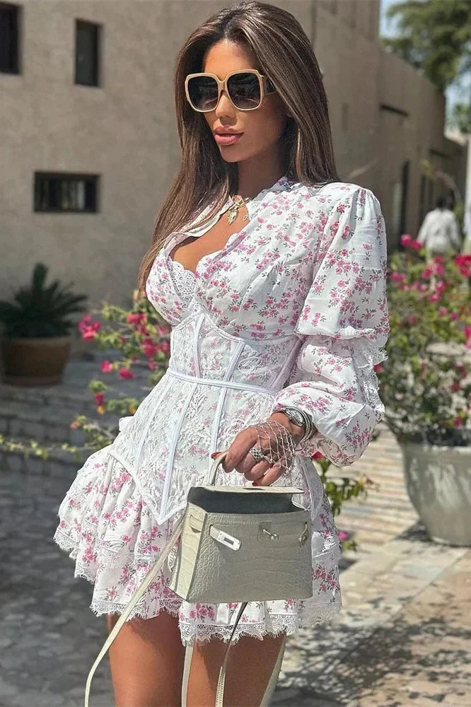 V Neck Lace Printed High Waist Long Sleeve Slim Fit Mini Dress