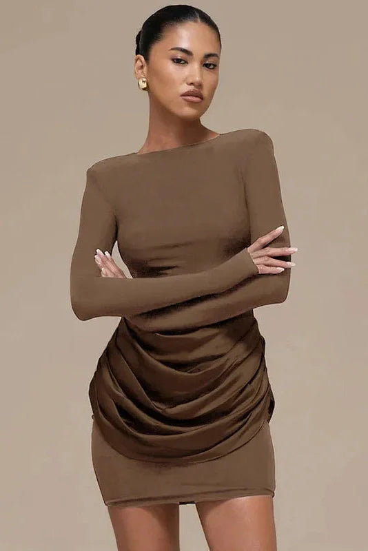 Elegant Pleated Slim Round Neck Long Sleeve Mini Dress
