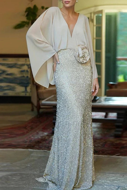 Elegant V-Neck Sleeve High Waist Maxi Dress