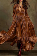 Elegant V-Neck Long Sleeve Pleat Maxi Dress