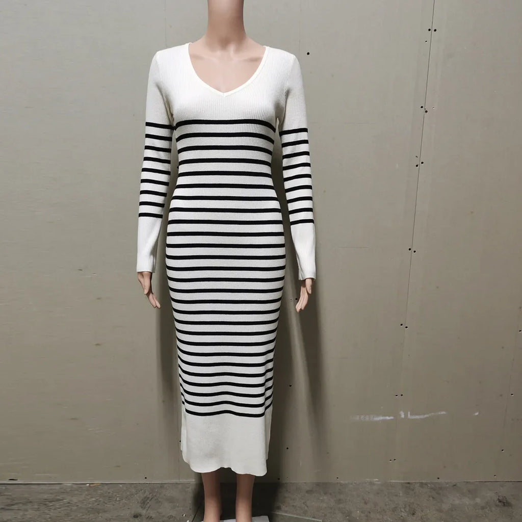 Striped Knitted V-Neck Long Sleeve Midi Dress