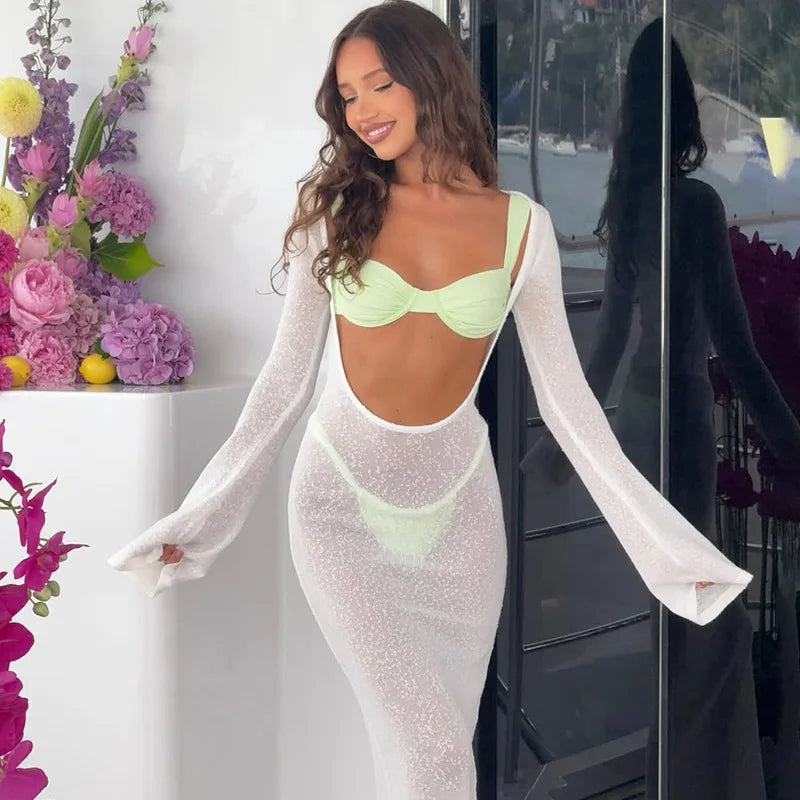 Backless See Through Patchwork Maxi Dress