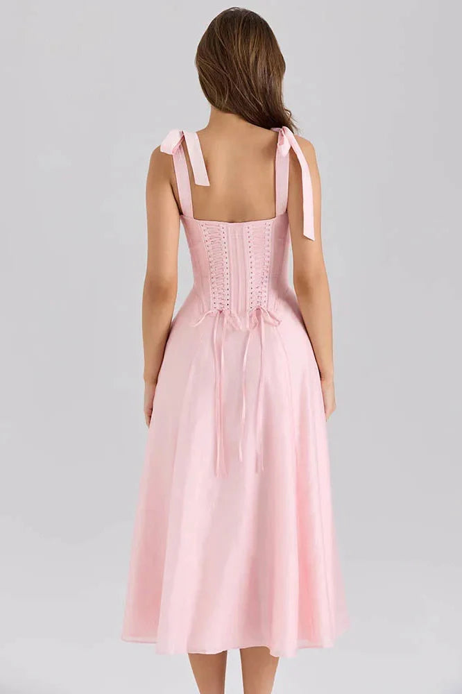 Spaghetti Strap Sleeveless Backless Lace-Up A-Line Midi Dress