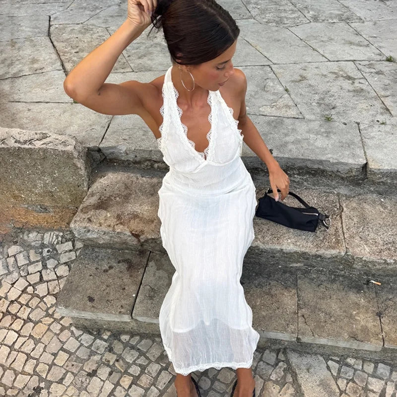Lace Up Patchwork Backless Sleeveless Maxi Dress