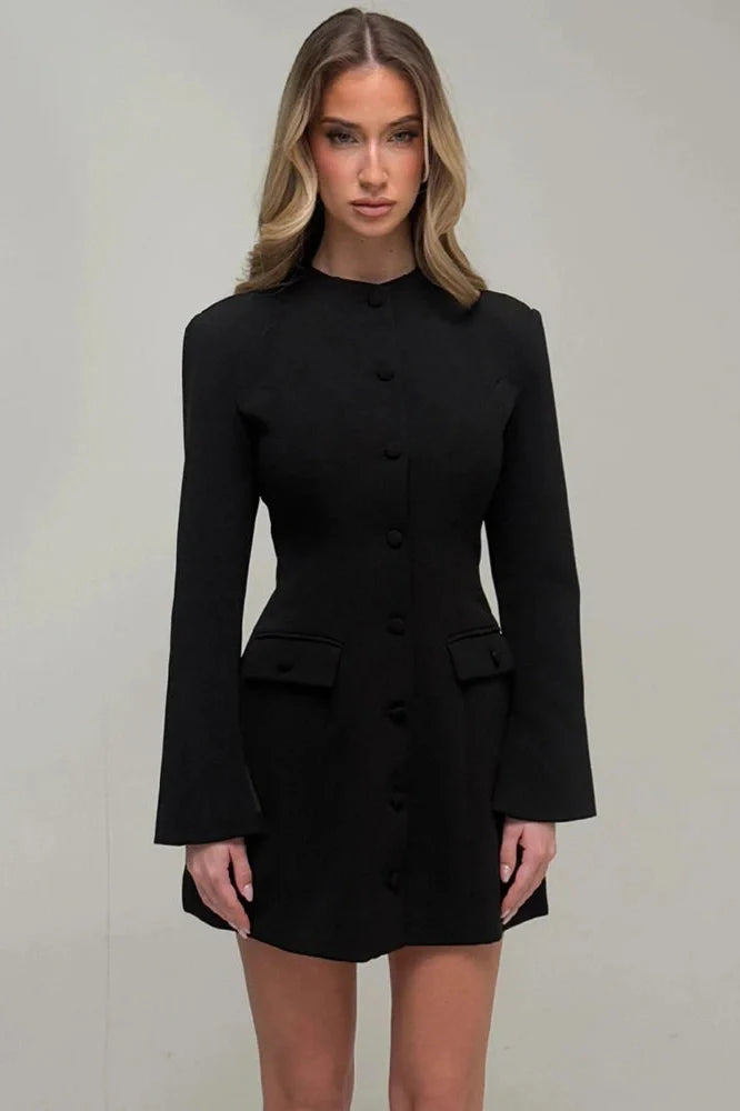 Long Sleeve Single-Breasted High Waist A-line Mini Dress