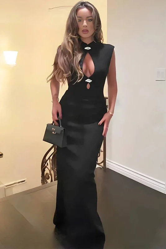 Elegant Hollow-Out Slim Round Neck Sleeveless Maxi Dress