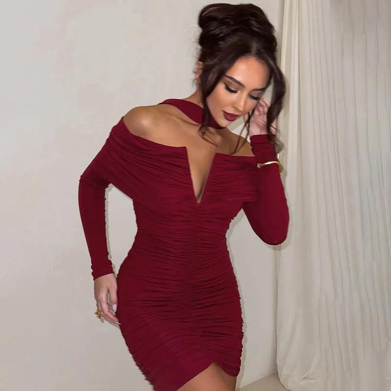 Off-Shoulder Scarf Ribbon Long Sleeve Mini Dress