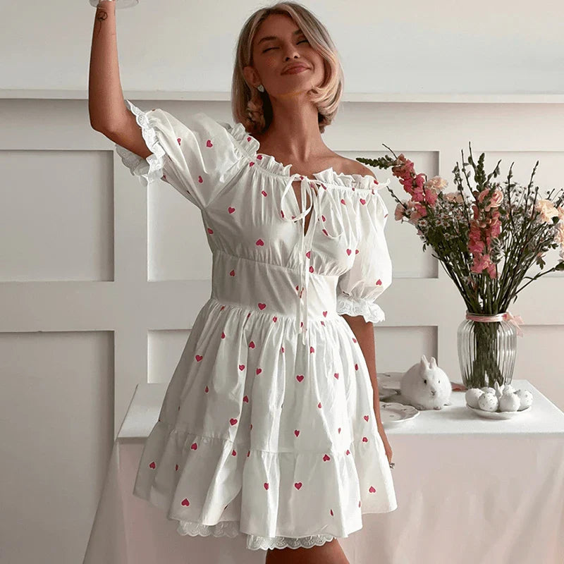 Printed Lace Short Sleeve Mini Dress