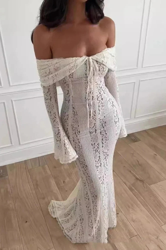 Lace Off-shoulder Strapless Long Sleeve Backless Maxi Dress