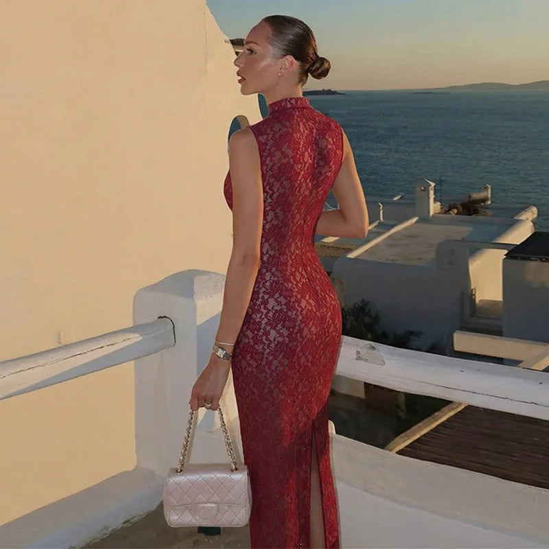 Hollow Lace Sleeveless Slit High Waist Maxi Dress