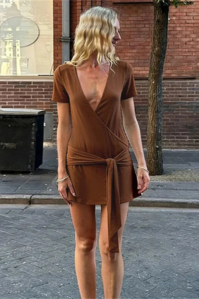 Lace-Up V-Neck Short Sleeve Loose Patchwork Mini Dress