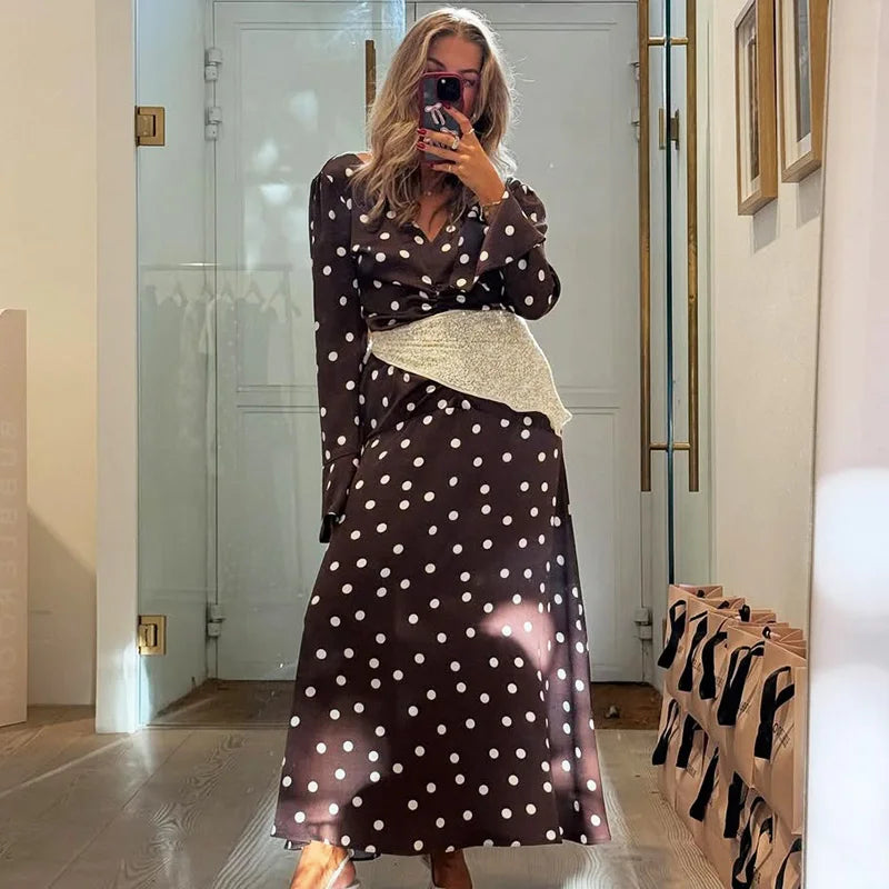 Elegant V-Neck Polka Dot Patchwork Maxi Dress
