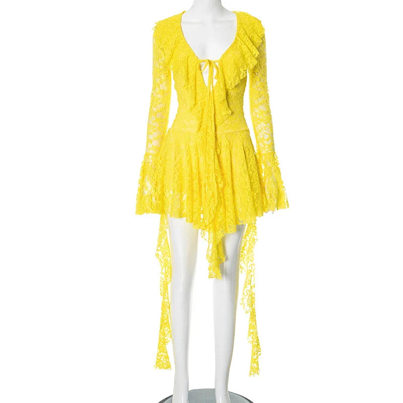 See-Through Lace Long Sleeve V-Neck Mini Dress