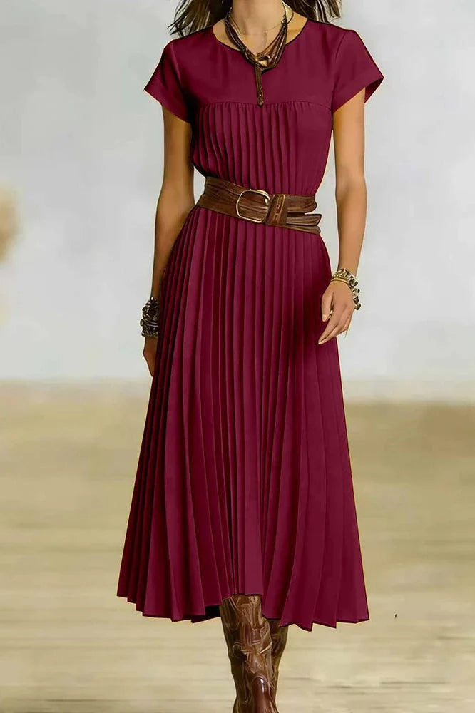 O-Neck Short Sleeve Pleated Loose High Waist Midi Dress