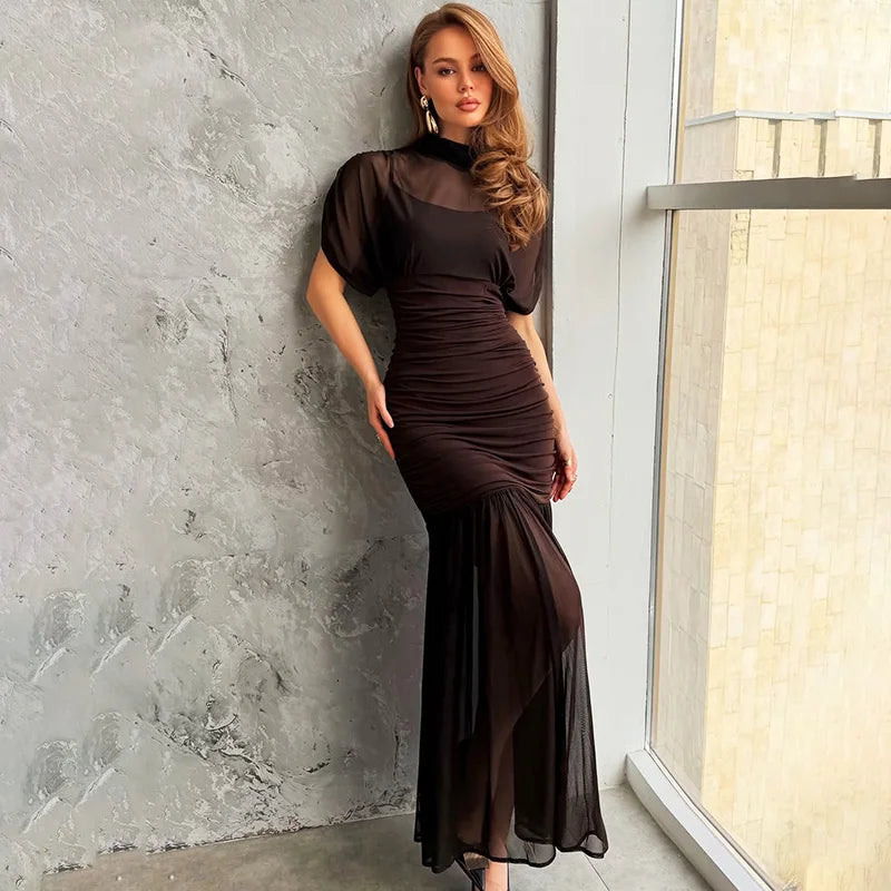 Elegant See Through Patchwork High Waist Maxi Dress