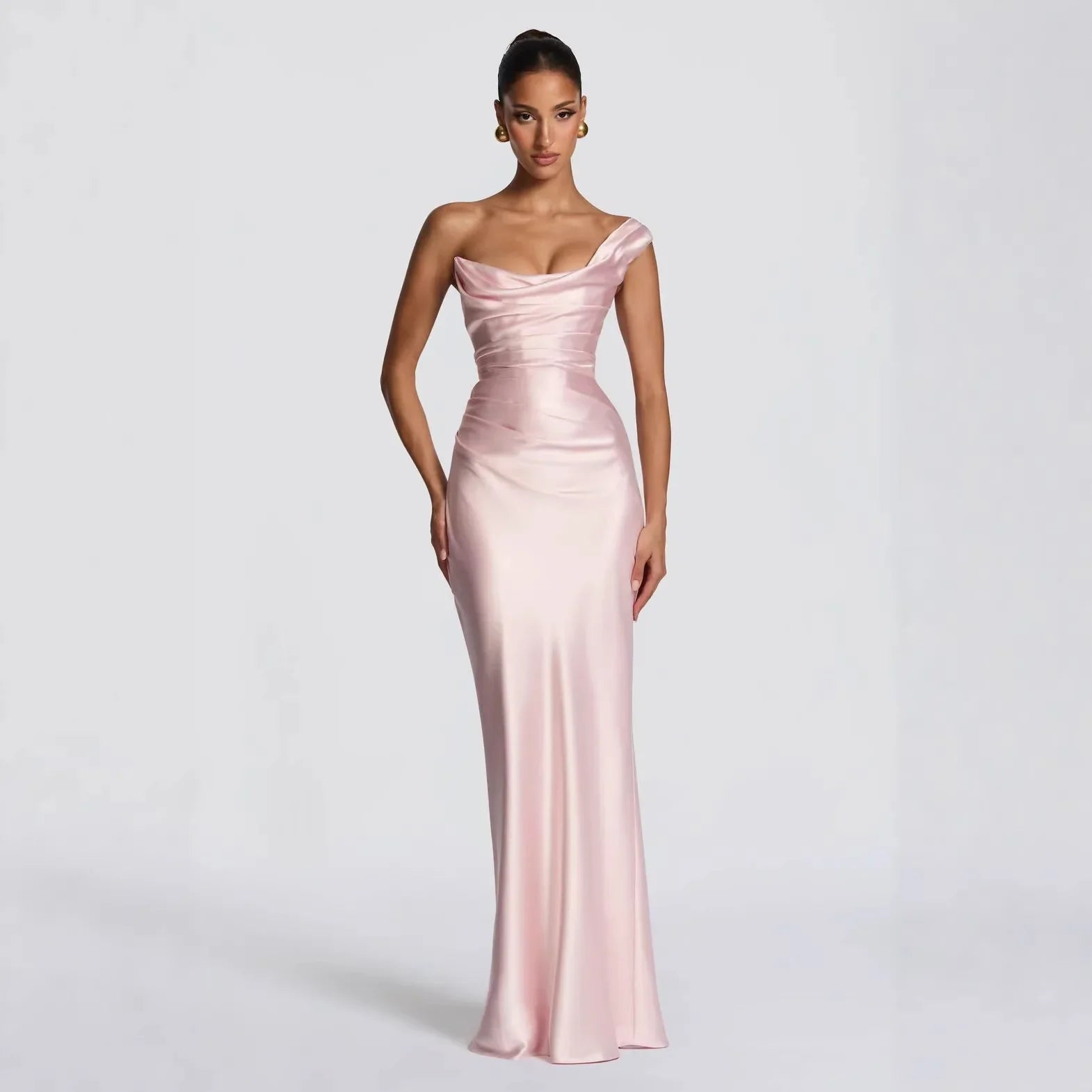 One Shoulder Sleeveless Pleated Lace-Up Maxi Dress