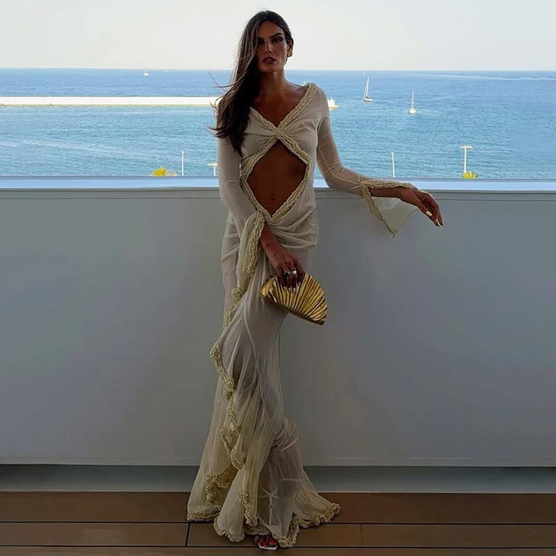 Hollow Out Long Sleeve V Neck Slim Maxi Dress