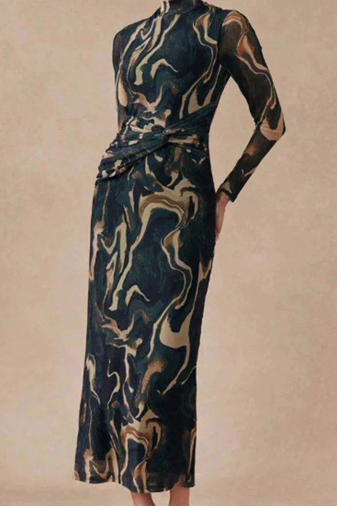 Printed Slim O-Neck Long Sleeve High Waist Maxi Dress