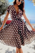 Polka Dot Print V-Neck Button Lace-up Slim A-Line Midi Dress