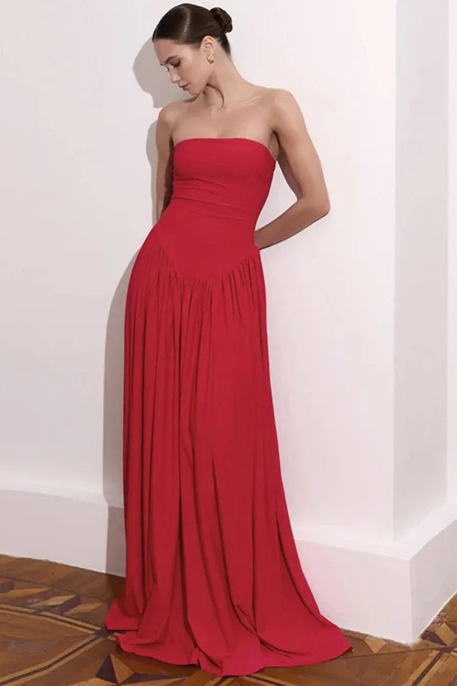 Off-Shoulder Strapless Sleeveless Backless Pleated Bodycon Maxi Dress