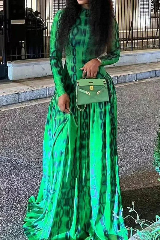 Printed Long Sleeve Slim High Waist Pleated Maxi Dress