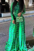 Printed Long Sleeve Slim High Waist Pleated Maxi Dress
