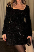 Elegant High Waist A-Line Square Collar Long Sleeve Mini Dress