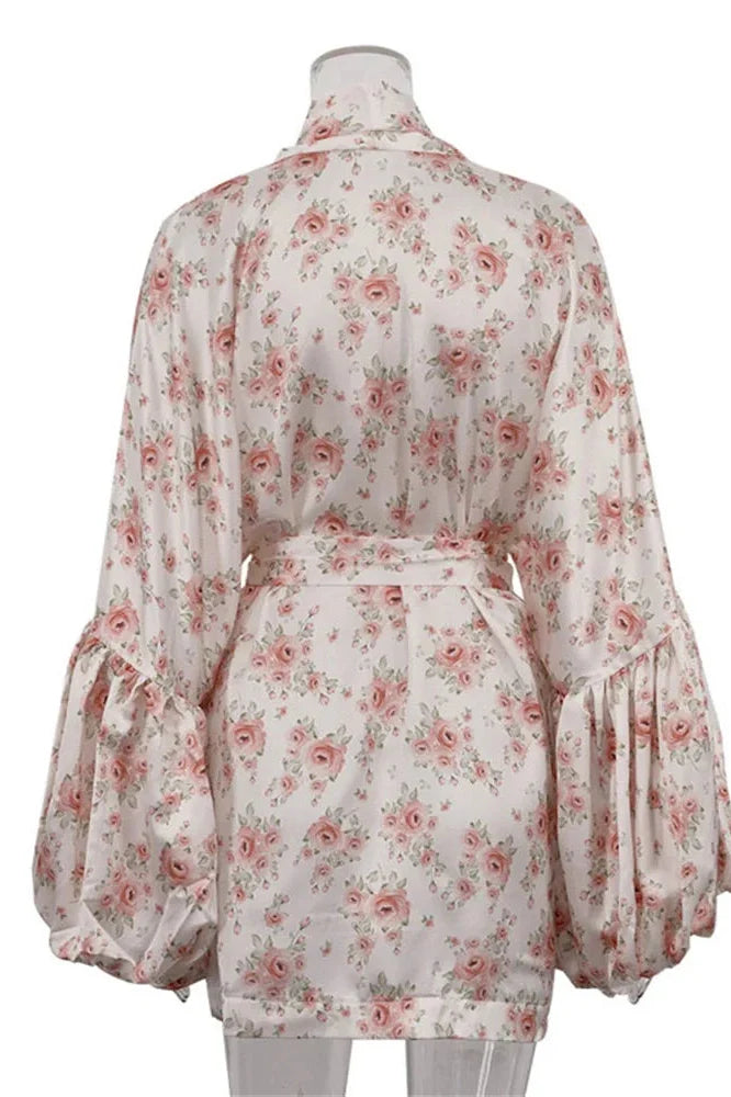 Printed V-Neck Lace-Up Patchwork Loose Mini Dress