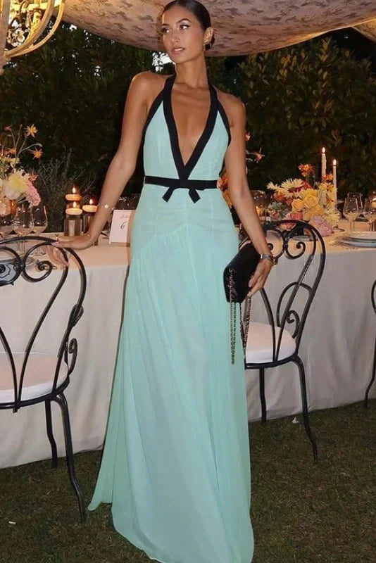 Elegant Mesh Pleated Backless V-Neck Maxi Dress