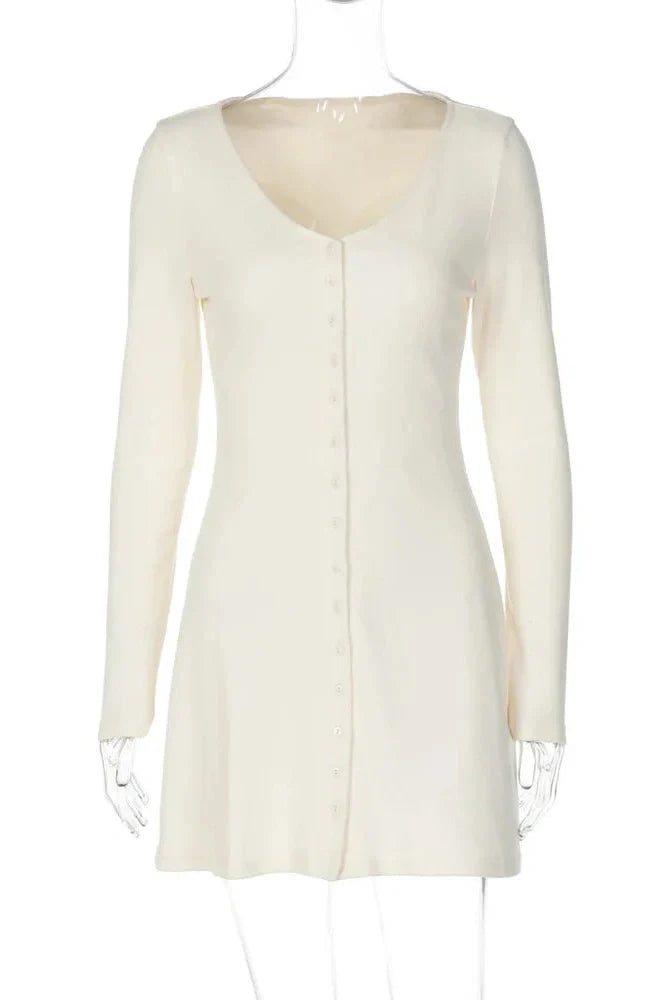 V Neck Long Sleeve Single-Breasted High Waist Mini Dress