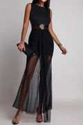Hollow Out Sleeveless Slim High Waist O-Neck Backless Maxi Dress