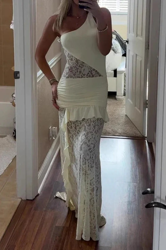 Off Shoulder Slash Collar Lace Fit Maxi Dress
