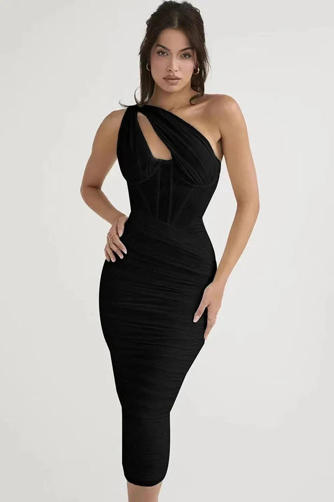 Elegant One Shoulder Sleeveless Backless Midi Dress